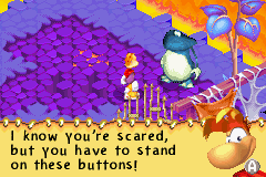 Rayman telling Globox to stand on a button to help defeat the Firemonster.