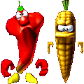Two of the game's enemies: a pepper and an ear of corn.