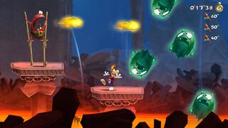 Rayman fleeing from a group of ghosts.
