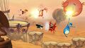 Rayman, Globox and a Teensie fighting against birds.