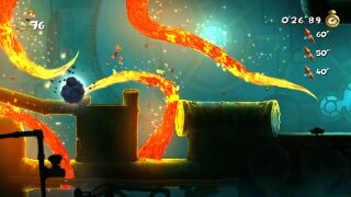 Rayman jumping through the lavaroots.