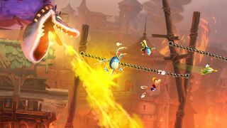Rayman, Globox, the Grand Minimus, and Murfy fleeing from a purple forest dragon.