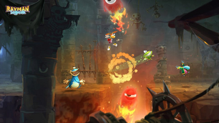 Rayman, Globox, a Teensie and Murfy in a castle.