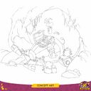 Concept art of several baby Globoxes being freed by Rayman from a cage within a defeated Grolgoth.