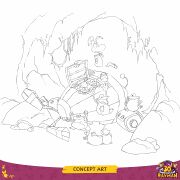 Concept art of the Grolgoth laying defeated on the ground while Rayman frees several baby Globoxes from its internal cage.