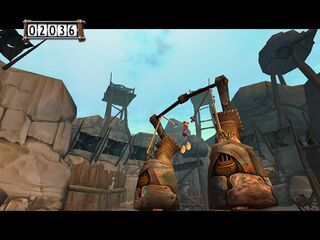 Rayman climbs into Master Kaag's Hoodstomper machine.