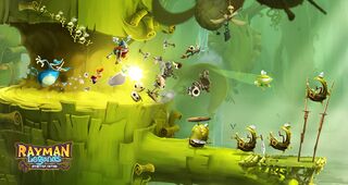 Rayman, Globox, Barbara and Murfy battling Toads.