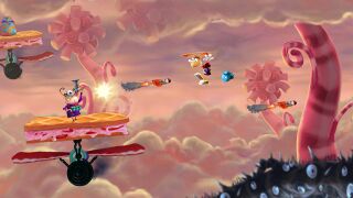A development image from Rayman Fiesta Run showing the orange sorbet-shaped missiles.