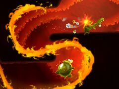 Promotional artwork of Rayman punching a Sewer Dragon
