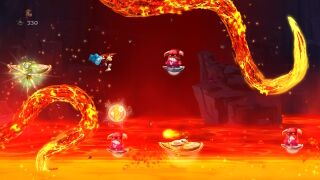 Rayman flying over a Skull Coin and a Red Minotaur.