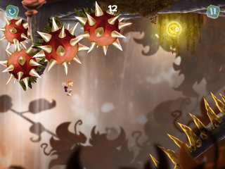 Rayman flying towards a Skull Coin