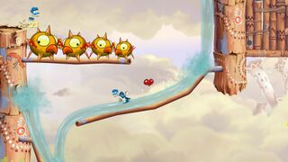 Rayman gliding down a water stream.