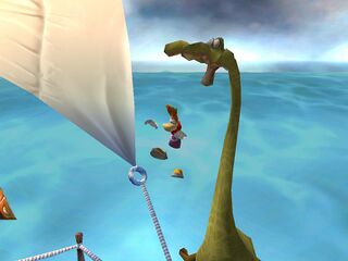 A Mawpaw saving Rayman when he falls into the Looming Sea during the first part of the Summit Beyond the Clouds.