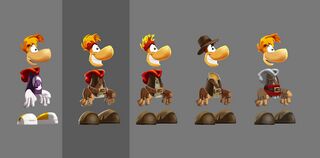 Early Rayman concept art featuring an unused Indiana Jones-inspired Rayman skin.