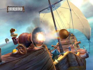 Rayman firing the ship's cannons.