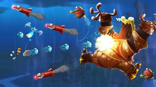 Rayman and Globox against the Armored Toad.