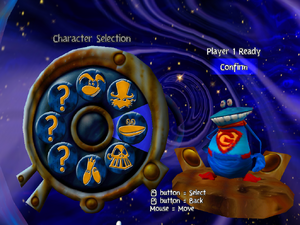 An unused, Superman-themed, alternate skin for Globox, hacked into Rayman M.