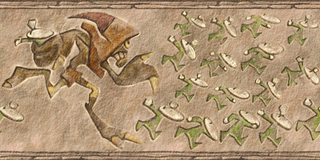 A fresco of a Knaaren chasing a group of Teensies.