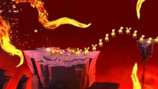 Rayman escaping lavaroots and chasing a string of Lums.