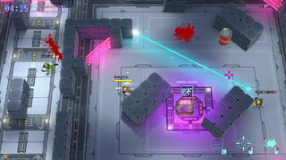 The official screenshot of the game, where Rayman is taking a cover from other player in the Retro Arcade arena