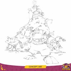 Concept art of Razorbeard on top of a pile of treasure while a Gorilla Pirate, the Spyglass Pirate, and a Henchman 800 stand guard.