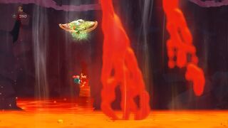 Lava pours down, but it can be covered by a flying shield.