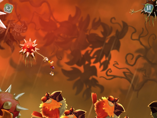 Rayman swinging over a flock of colorful birds in the Foliage