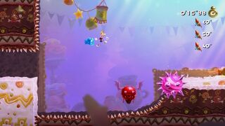 Rayman jumping towards a Devilbob.