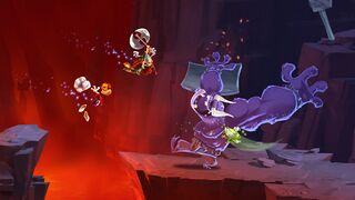 Rayman and Barbara attacking a Minotaur being tickled by Murfy.