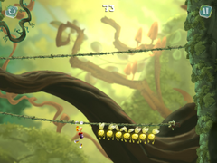 Rayman ziplining across a rope.