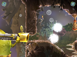 Rayman avoiding a toad's projectiles