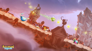 Rayman, Globox, a Teensie and Murfy sliding down in the Land of the Livid Dead.