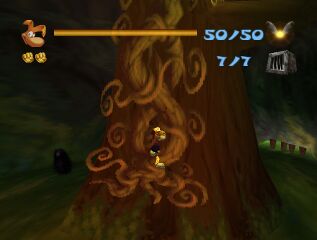 Rayman making use of a 3D liana in Rayman 2.