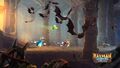 Rayman, Globox, a Teensie and Murfy in a castle.