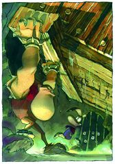 Artwork of Clark helping Rayman to free prisoners.