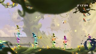 Rayman bouncing over a group of Mariachi stacks.