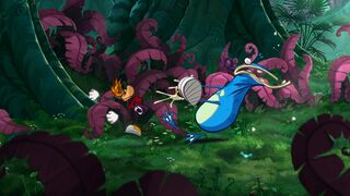 Promotional artwork of Rayman kicking Globox in the Jibberish Jungle