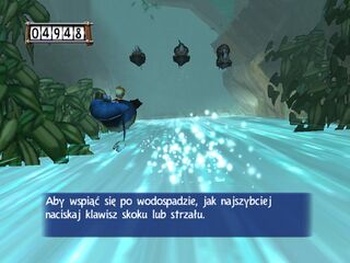 Piranhas pursuing Rayman and Globox up a waterfall in Clearleaf Forest. The bear-trap-like mouths are clearly visible.