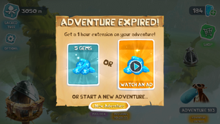 A screen forcing the player to watch an ad to get extra time or pay 5 gems or abandon the adventure.
