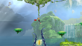 Rayman hanging onto a liana in Moseying the Mountain.