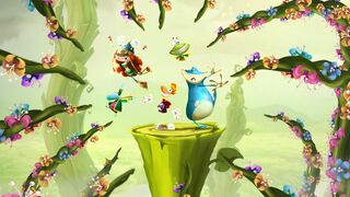 Rayman, Globox, Barbara, a Teensie and Murfy at the end of a level.