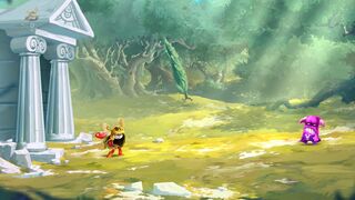 The very first scene of this world. To be seen are a small minotaur, a running tree in the background and a marble door with a symbol of an eye above it.