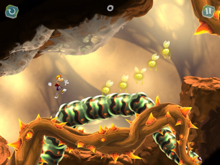Rayman jumping onto a caterpillar to avoid a Darkroot