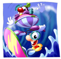 A big clown and a water clown surfing. Many characters, including the enemies, took a holiday after the stressful events of Rayman.