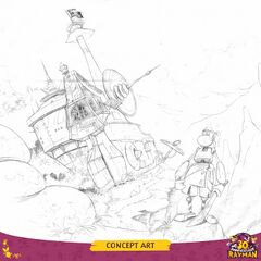 Concept art of the Spyglass Pirate with a sword, in front of a warship.