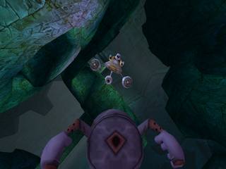 Rayman fighting the Hoodlum with an Armaguiddon.