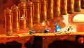 Rayman, Globox and two Teensies running under pillars in the Infernal Kitchens section of Gourmand Land.